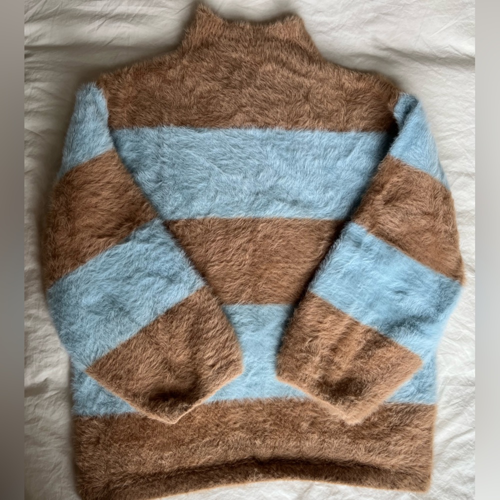 Anthropologie Moon River Brown and Blue Striped Fuzzy Sweater